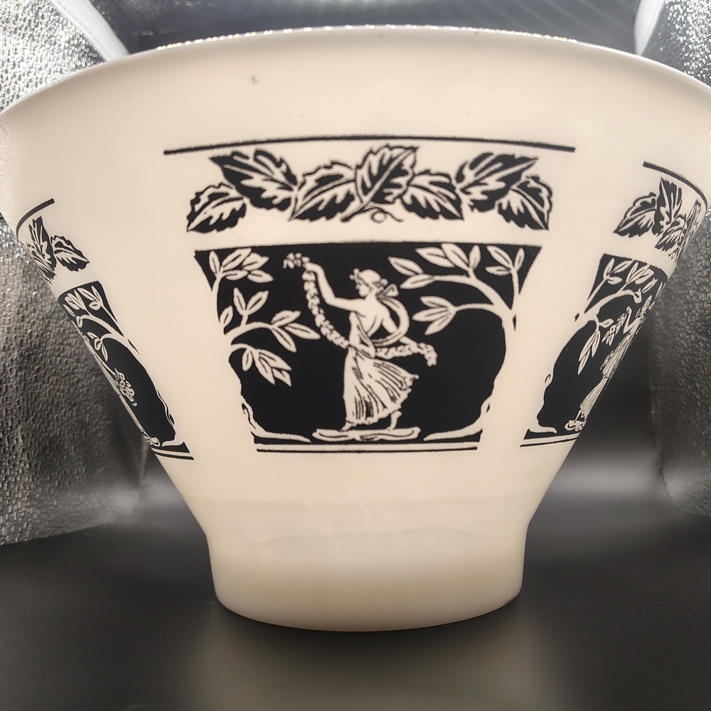 Vintage Hazel Atlas Milk Glass Bowl with Wedgewood Gray Blue Greek Goddess Print